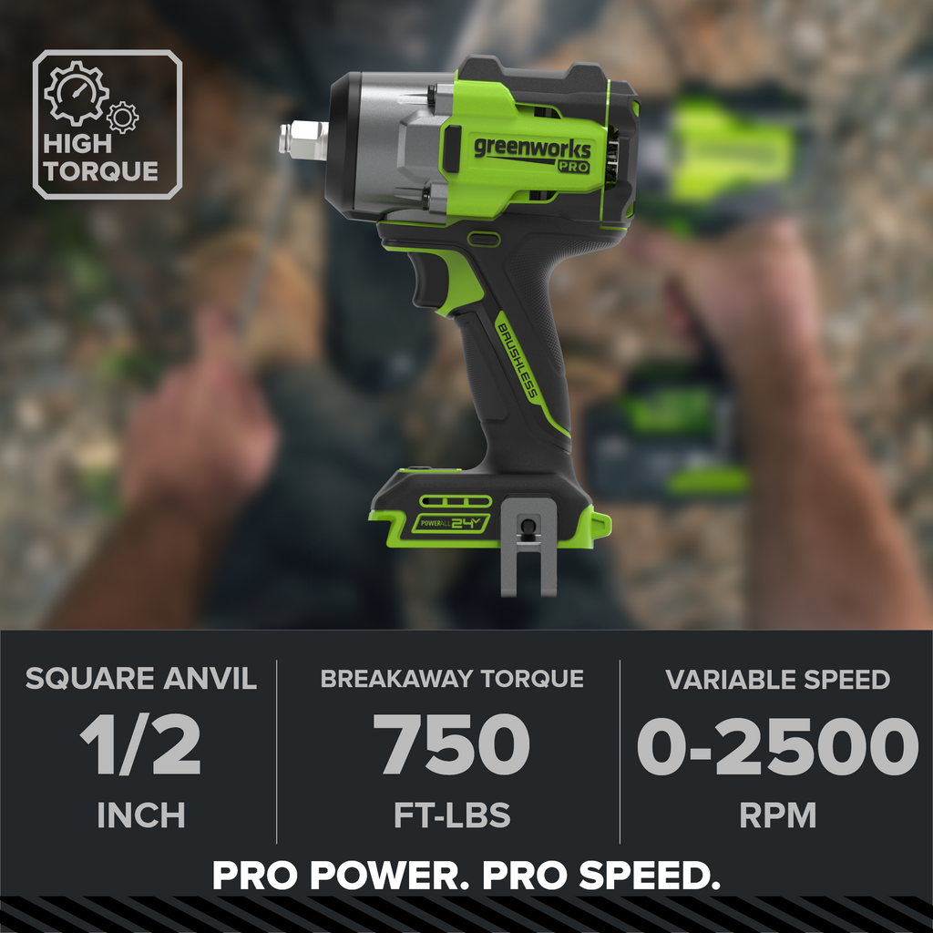 24V PowerAll Pro 750 ft-lb Breakaway Torque 1/2" Impact Wrench, Tool Only