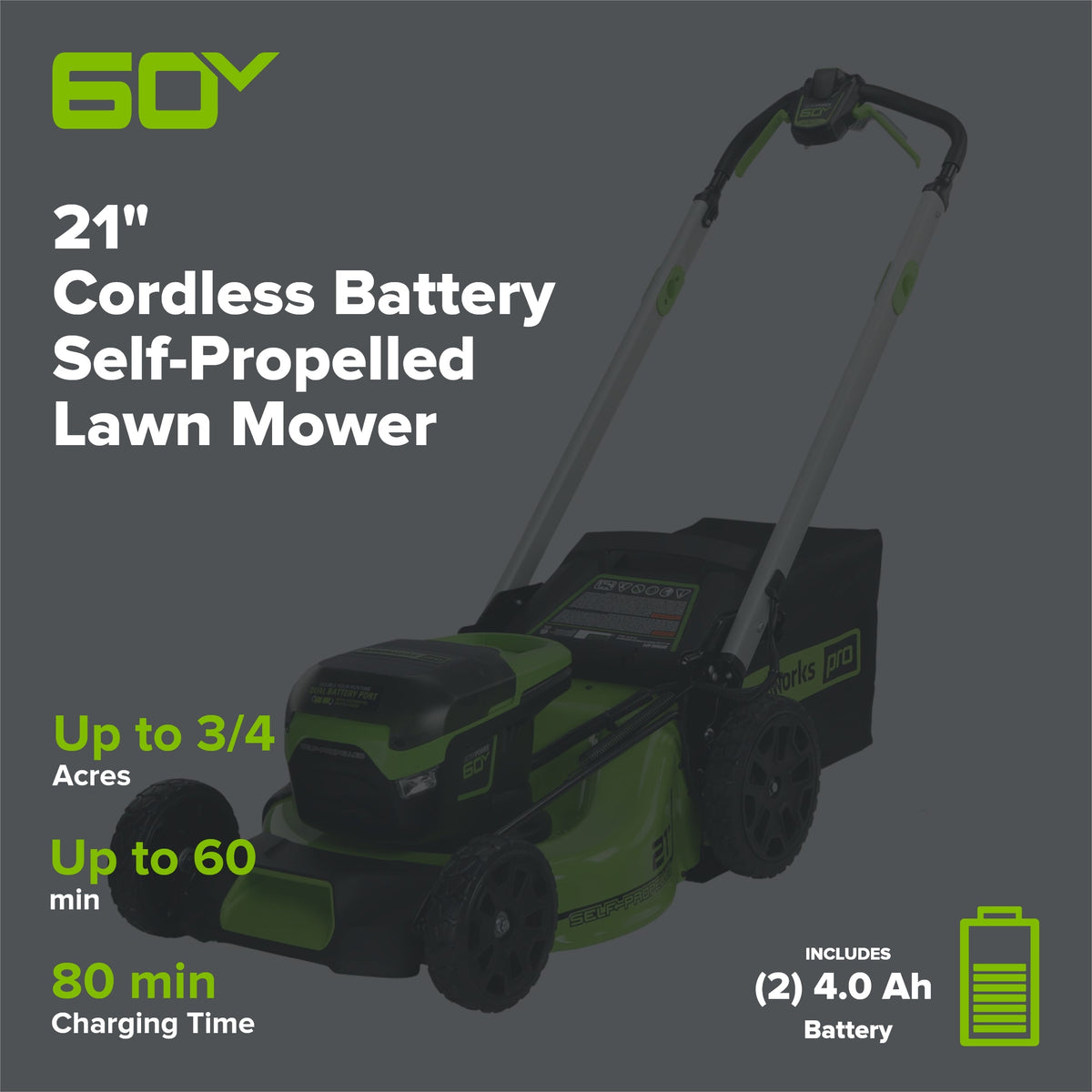 OPEN BOX 60V 21" Cordless Battery Self-Propelled Lawn Mower: (2) 4.0 Ah Batteries and Dual-Port Charger, LM2116S