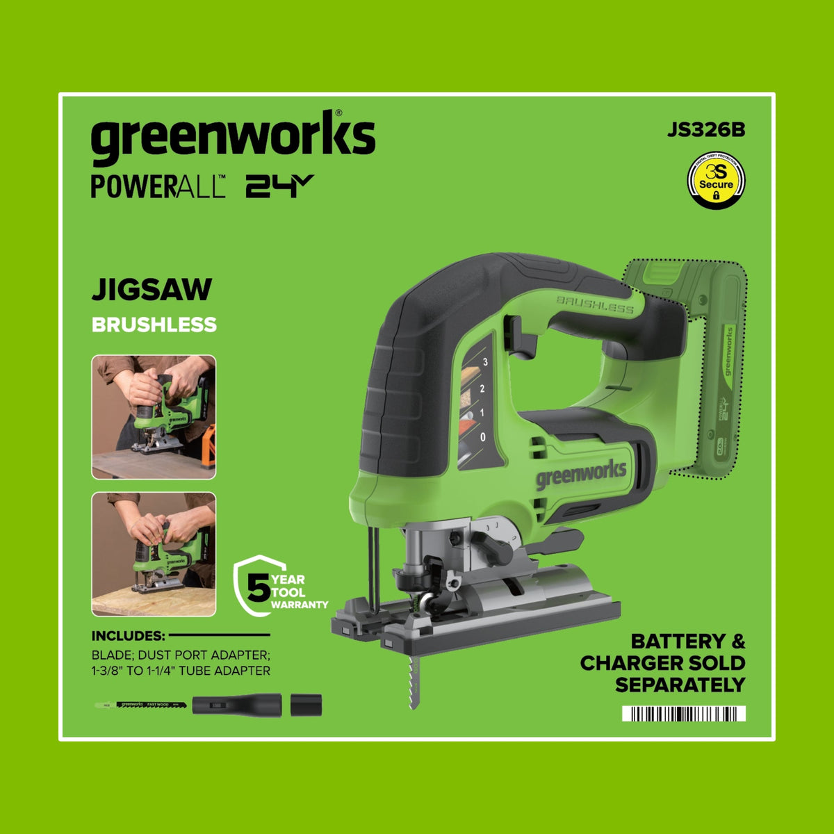 24V PowerAll Jigsaw with Blade, Dust Port Adapter, and Tube Adapter