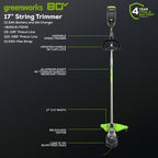 80V 17" Brushless String Trimmer: 2.0 Ah Battery and Charger