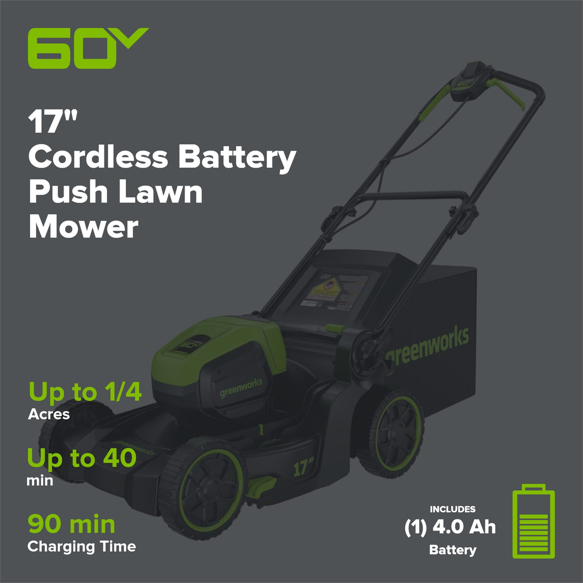 60V 17" Cordless Battery Push Lawn Mower 3PC Combo Kit: 4.0 Ah Battery and Charger