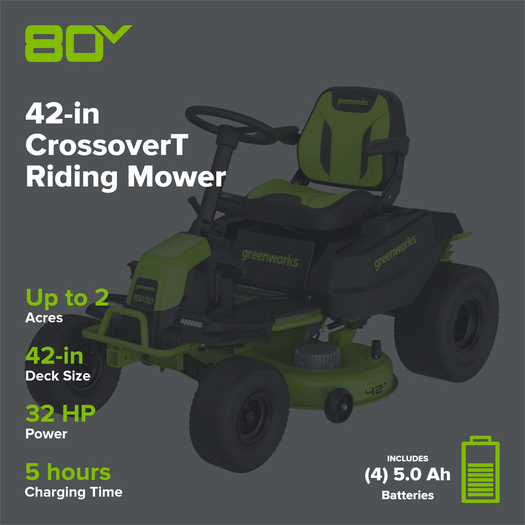 80V 42" Cordless Battery CrossoverT Riding Lawn Mower, (4) 5.0Ah Batteries and 600W Wall Charger, CRT4282