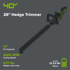 40V 26" Cordless Battery Hedge Trimmer: 2.0 Ah Battery and Charger