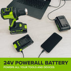 24V Cordless 280 in-lbs Drill/Driver Power Tool 10PC Combo Kit: (3) 2.0 Ah USB-C Batteries, (2) 30W USB-C Charger Block, and (2) 3' 100W USB-C Cable