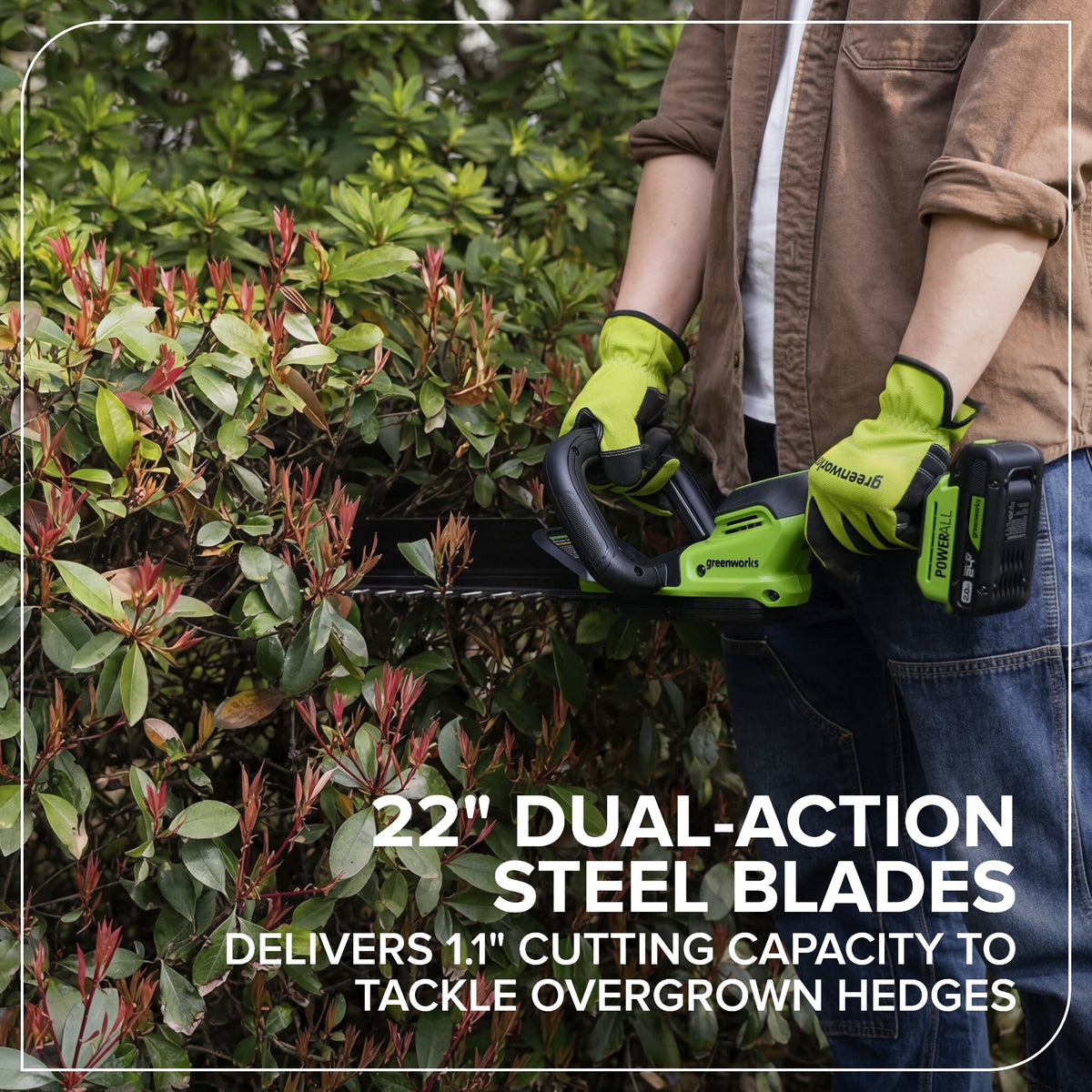 24V 22" Brushless (1.1" Cutting Capacity) Hedge Trimmer: 2.0Ah Battery and 30W Charger