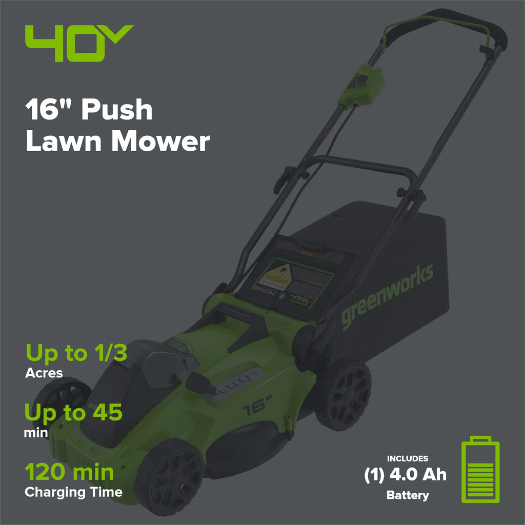 OPEN BOX 40V 16" Cordless Battery Brushless Push Lawn Mower: 4.0 Ah Battery and Charger, LM1624