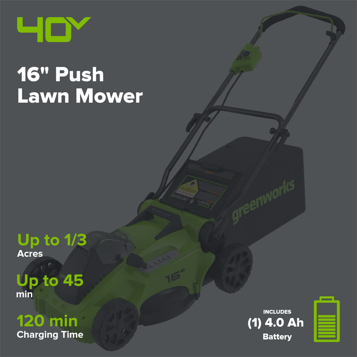 OPEN BOX 40V 16" Cordless Battery Brushless Push Lawn Mower: 4.0 Ah Battery and Charger, LM1624
