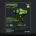 24V PowerAll Pro 1,430 ft-lb Breakaway Torque 1/2" Impact Wrench, Tool Only