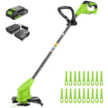 24V 10" Cordless Battery Blade-Head String Trimmer: (1) 2.0 Ah Battery, (1) 0.5A Charger, (20) Plastic Blade